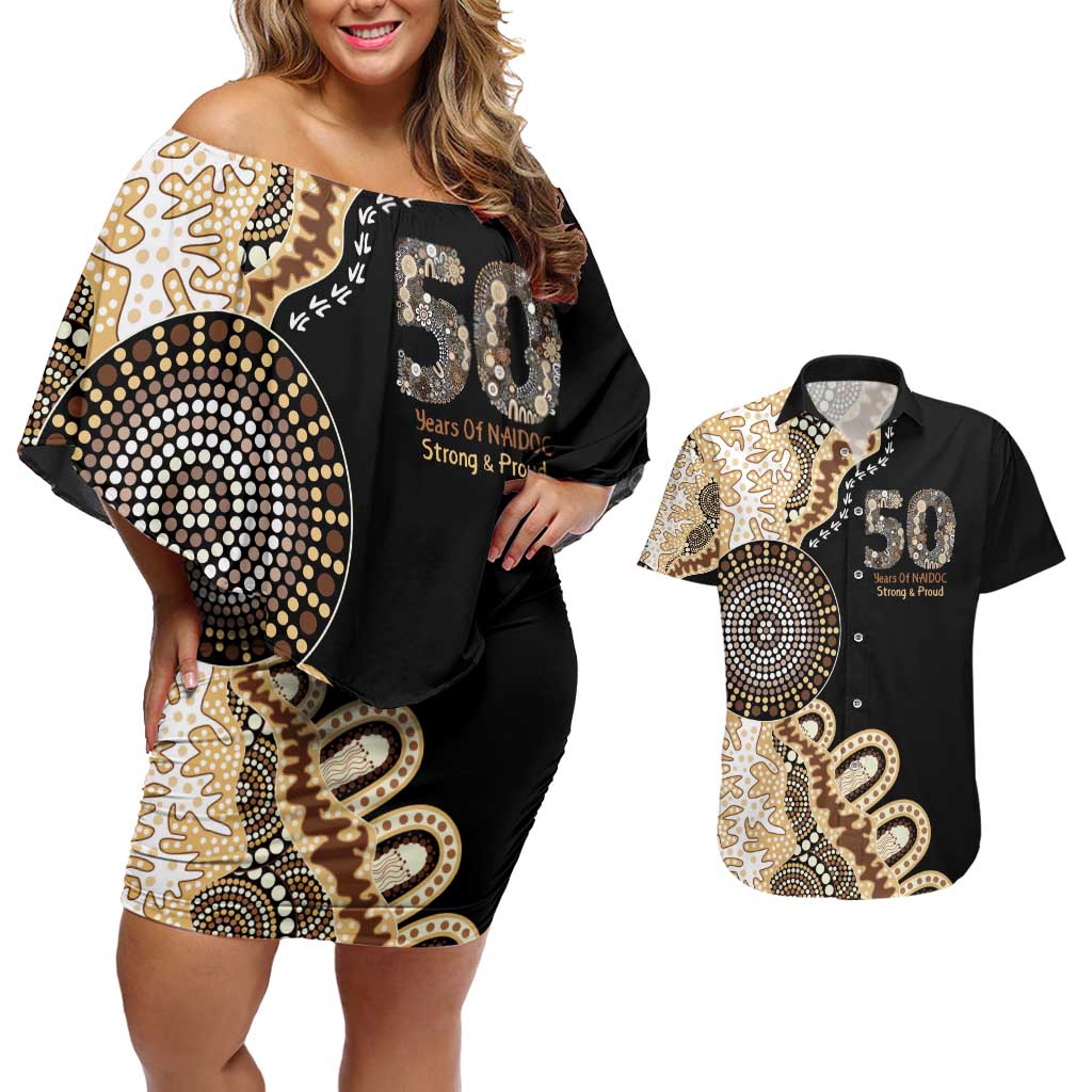 50 Years Of NAIDOC Couples Matching Off Shoulder Short Dress and Hawaiian Shirt Strong and Proud Aboriginal Dot Painting No2