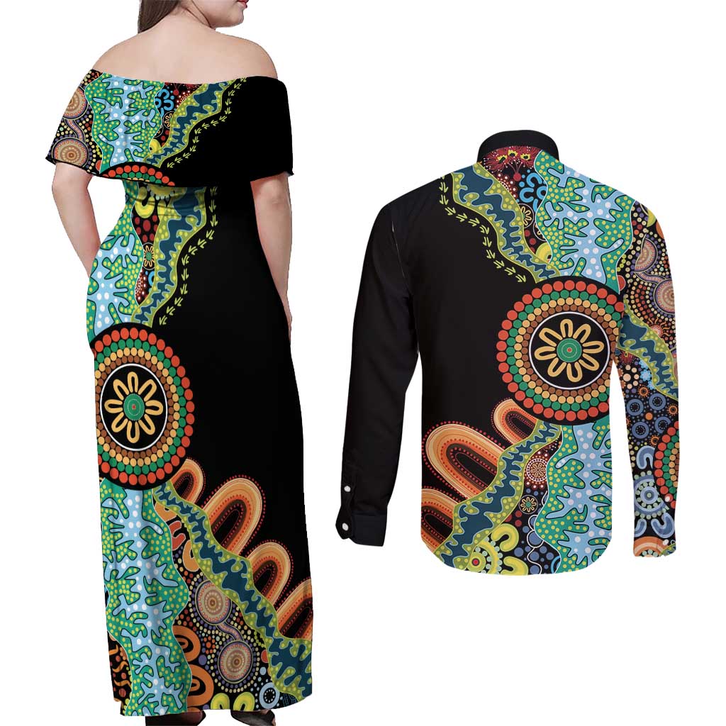 50 Years Of NAIDOC Couples Matching Off Shoulder Maxi Dress and Long Sleeve Button Shirt Strong and Proud Aboriginal Dot Painting No3