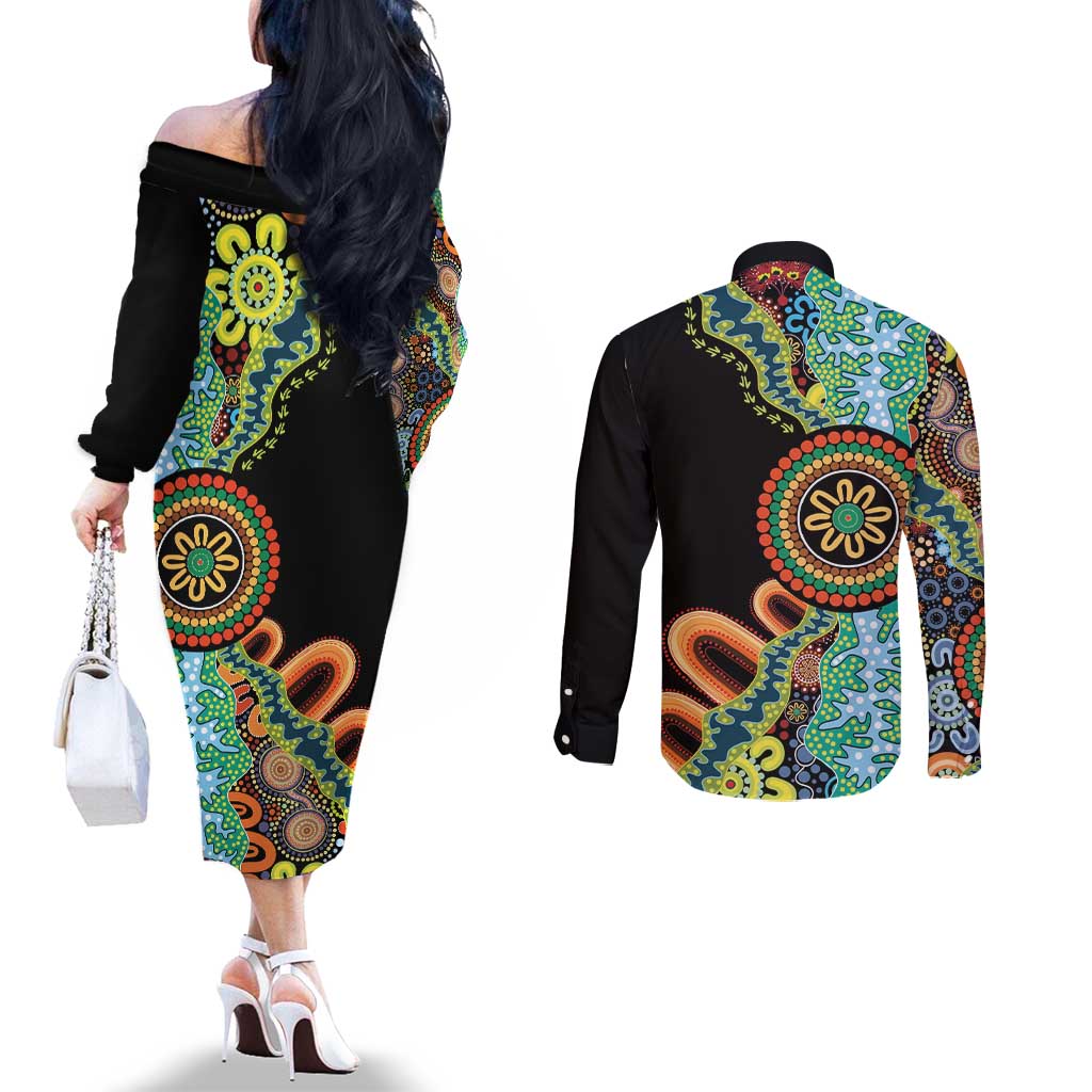 50 Years Of NAIDOC Couples Matching Off The Shoulder Long Sleeve Dress and Long Sleeve Button Shirt Strong and Proud Aboriginal Dot Painting No3