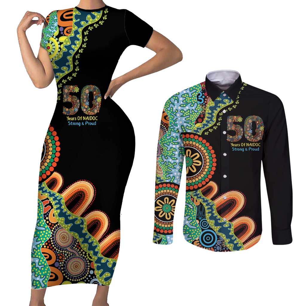 50 Years Of NAIDOC Couples Matching Short Sleeve Bodycon Dress and Long Sleeve Button Shirt Strong and Proud Aboriginal Dot Painting No3