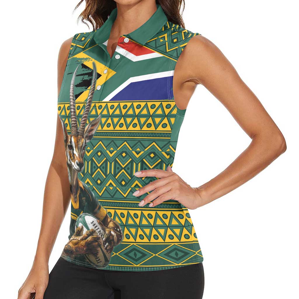 Custom South Africa Rugby Bokke Mascot Women Sleeveless Polo Shirt With Flag Style