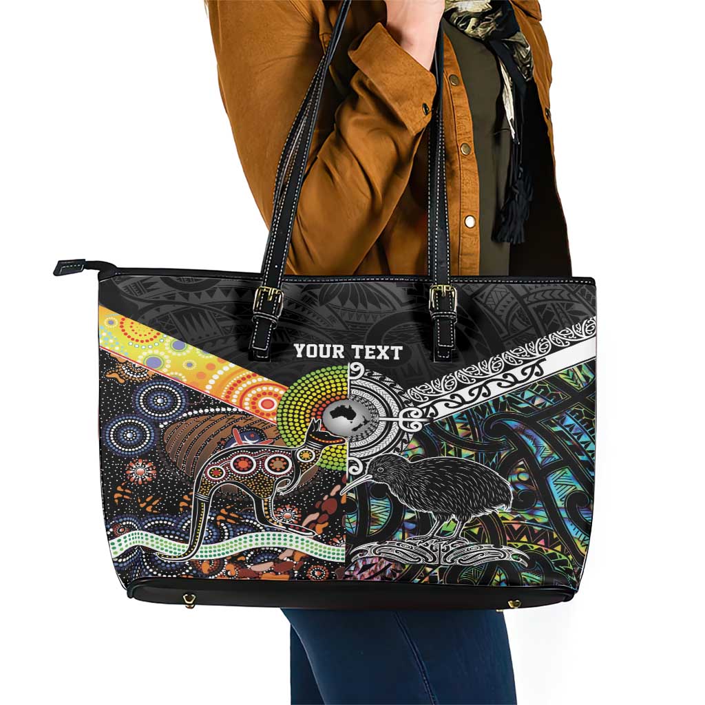 New Zealand and Australia Leather Tote Bag Maori Mix Aboriginal Art Style