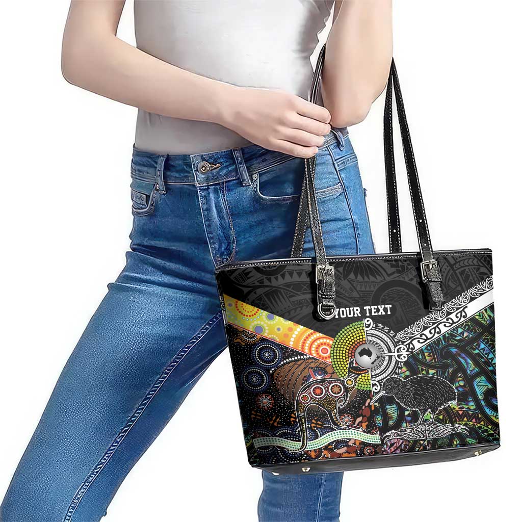 New Zealand and Australia Leather Tote Bag Maori Mix Aboriginal Art Style