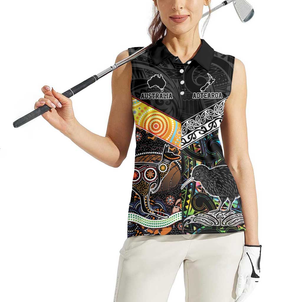 New Zealand and Australia Women Sleeveless Polo Shirt Maori Mix Aboriginal Art Style