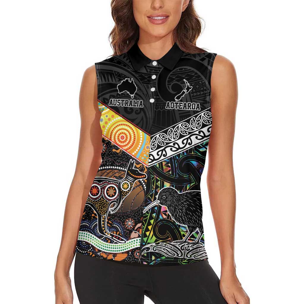 New Zealand and Australia Women Sleeveless Polo Shirt Maori Mix Aboriginal Art Style