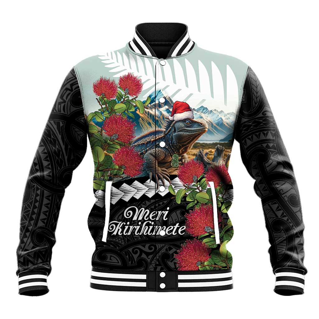 Meri Kirihimete Tuatara Baseball Jacket New Zealand Fern with Puhutukawa Flowers