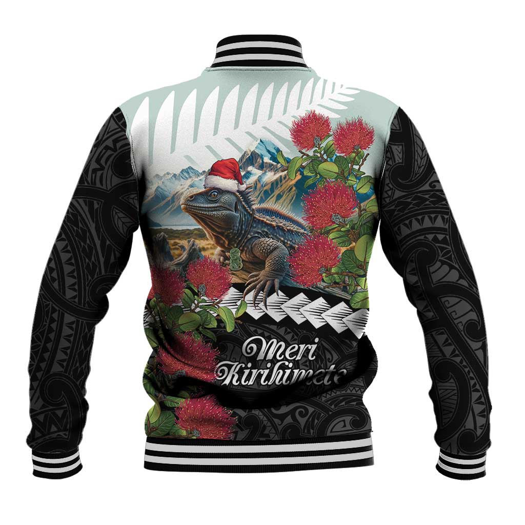 Meri Kirihimete Tuatara Baseball Jacket New Zealand Fern with Puhutukawa Flowers