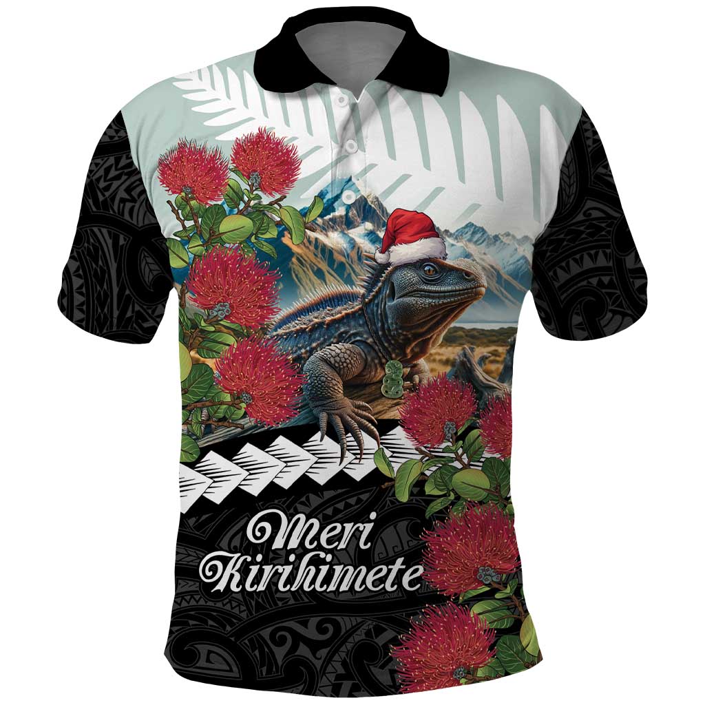 Meri Kirihimete Tuatara Polo Shirt New Zealand Fern with Puhutukawa Flowers