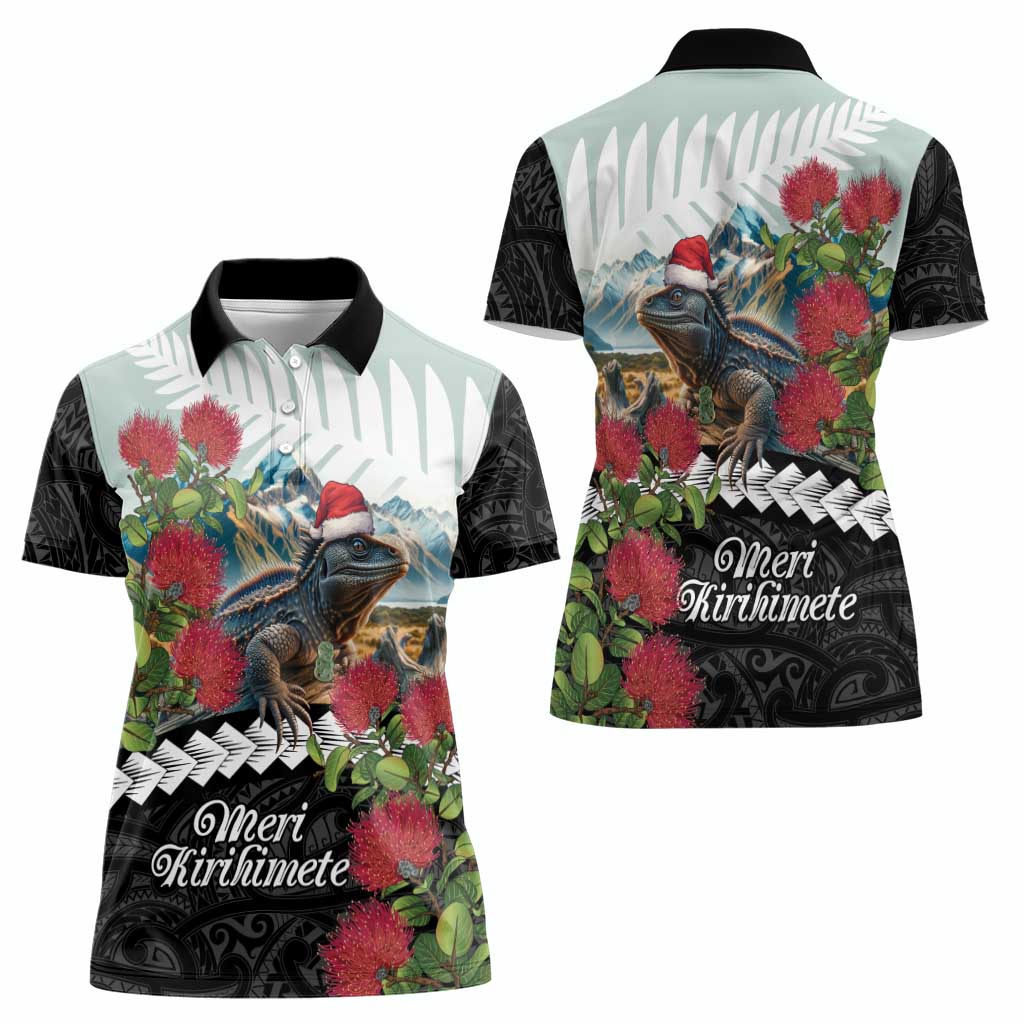 Meri Kirihimete Tuatara Women Polo Shirt New Zealand Fern with Puhutukawa Flowers