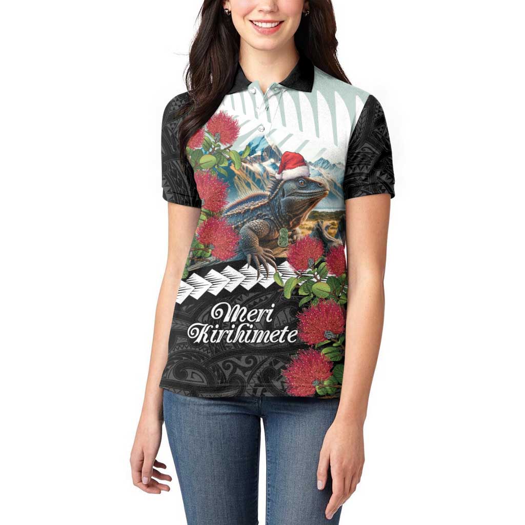 Meri Kirihimete Tuatara Women Polo Shirt New Zealand Fern with Puhutukawa Flowers