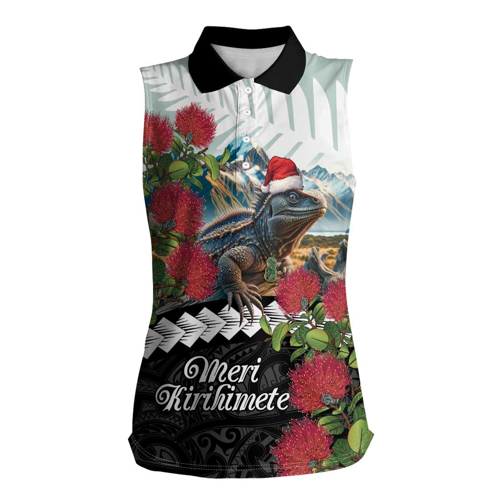 Meri Kirihimete Tuatara Women Sleeveless Polo Shirt New Zealand Fern with Puhutukawa Flowers