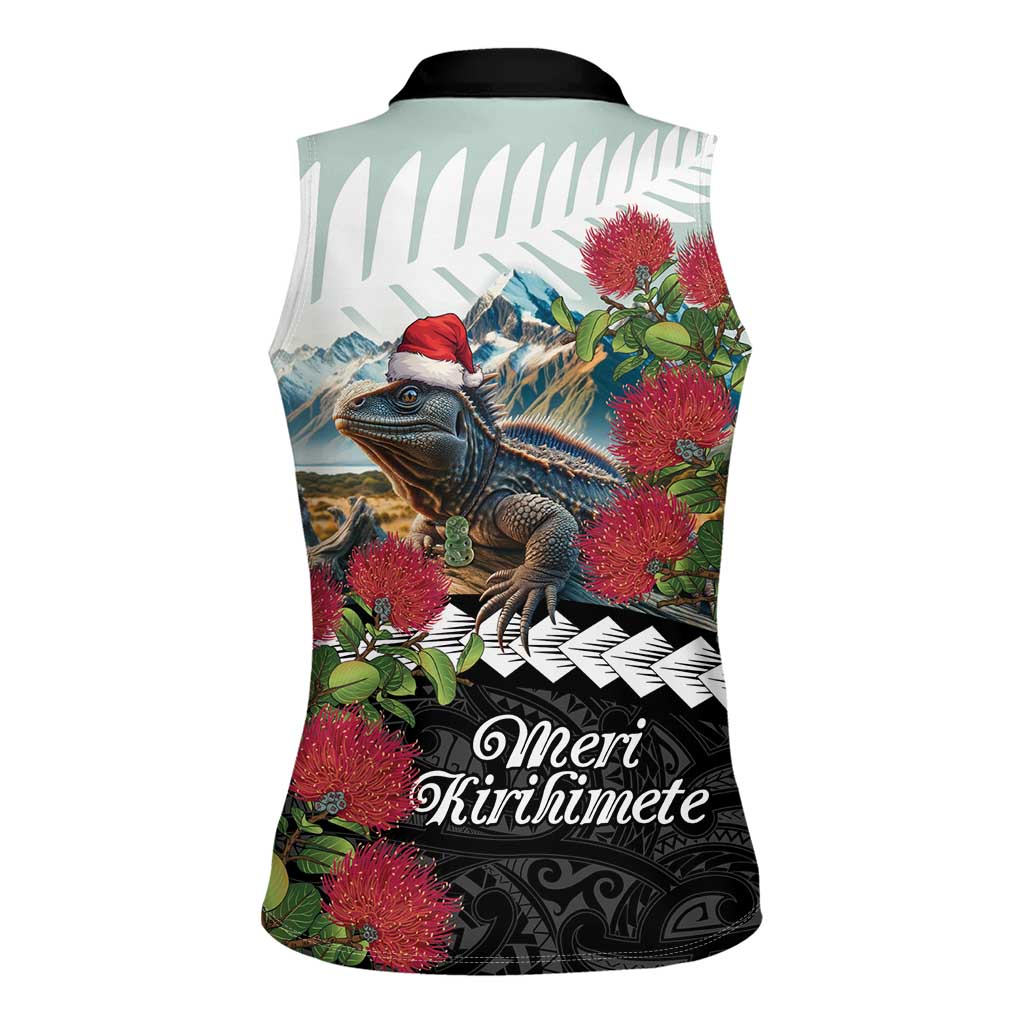 Meri Kirihimete Tuatara Women Sleeveless Polo Shirt New Zealand Fern with Puhutukawa Flowers