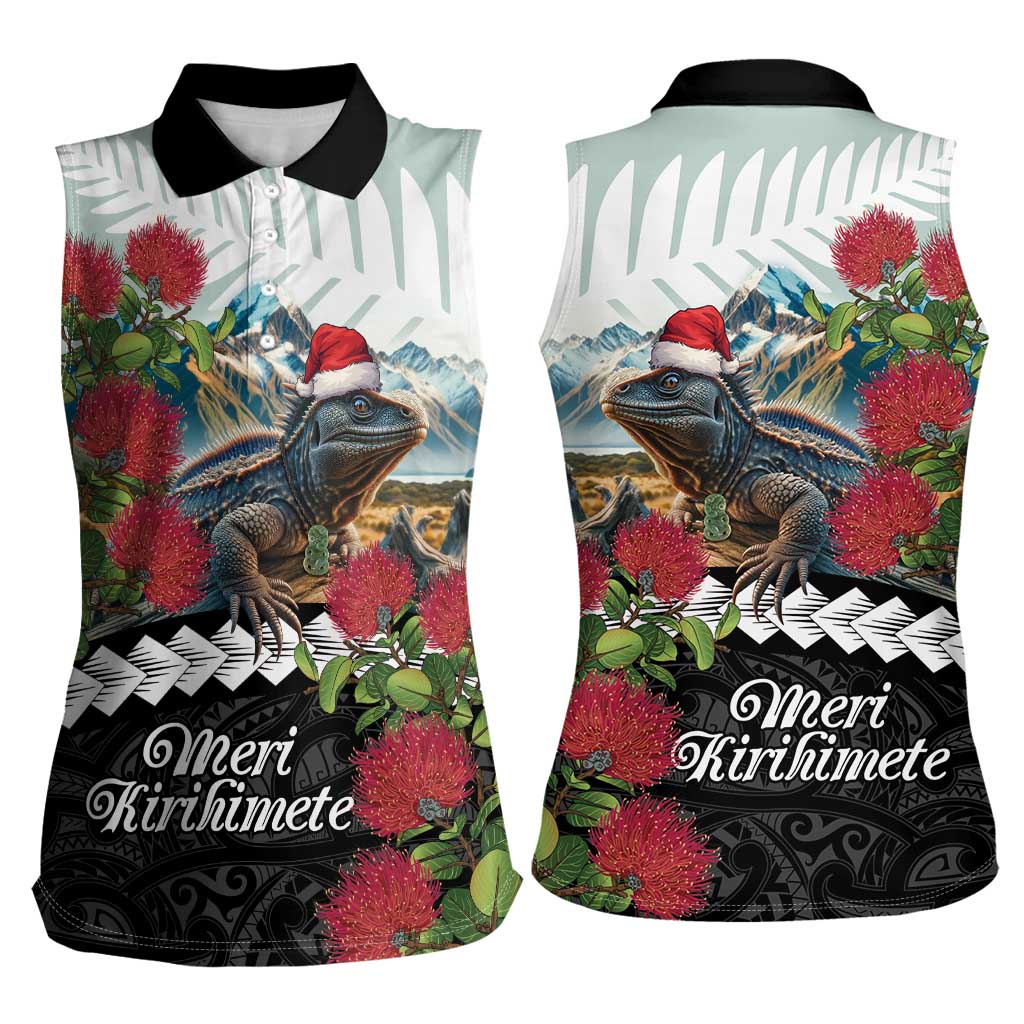 Meri Kirihimete Tuatara Women Sleeveless Polo Shirt New Zealand Fern with Puhutukawa Flowers