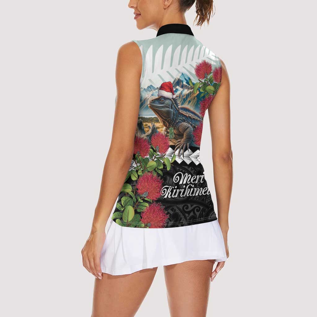 Meri Kirihimete Tuatara Women Sleeveless Polo Shirt New Zealand Fern with Puhutukawa Flowers