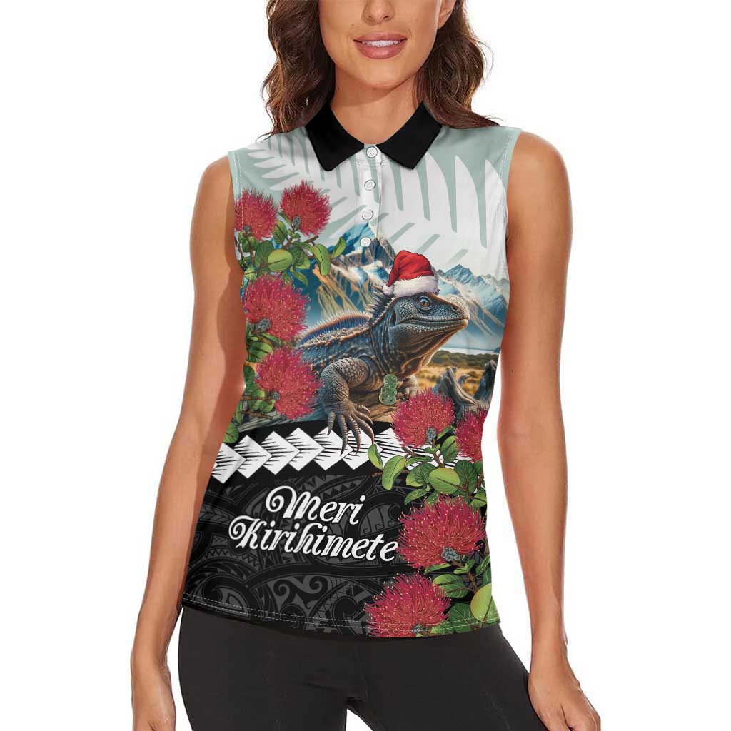 Meri Kirihimete Tuatara Women Sleeveless Polo Shirt New Zealand Fern with Puhutukawa Flowers