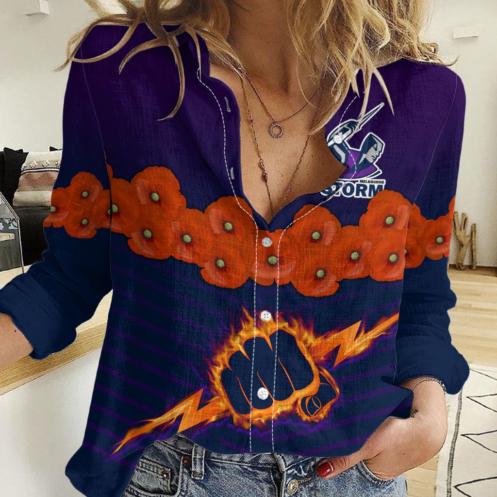 (Custom Text And Number) ANZAC 2023 Melbourne Storm Rugby Women Casual Shirt Poppy Flowers Sporty Style LT9