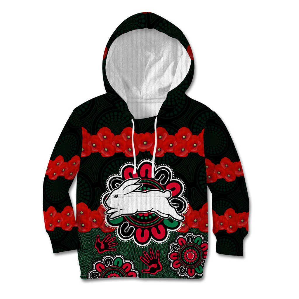 anzac-2023-nrl-rabbitohs-rugby-kid-hoodie-the-bunnies-1908-poppy-flowers-mixed-aboriginal