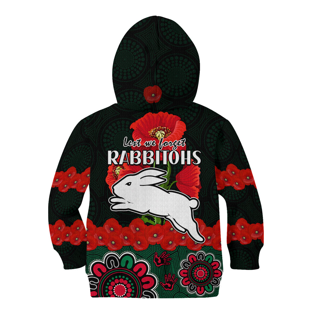 anzac-2023-nrl-rabbitohs-rugby-kid-hoodie-the-bunnies-1908-poppy-flowers-mixed-aboriginal