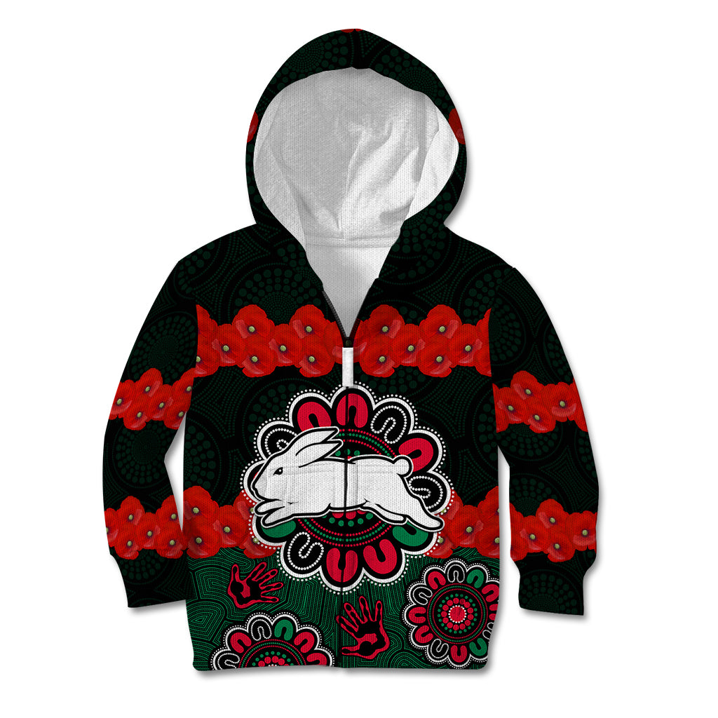 anzac-2023-nrl-rabbitohs-rugby-kid-hoodie-the-bunnies-1908-poppy-flowers-mixed-aboriginal