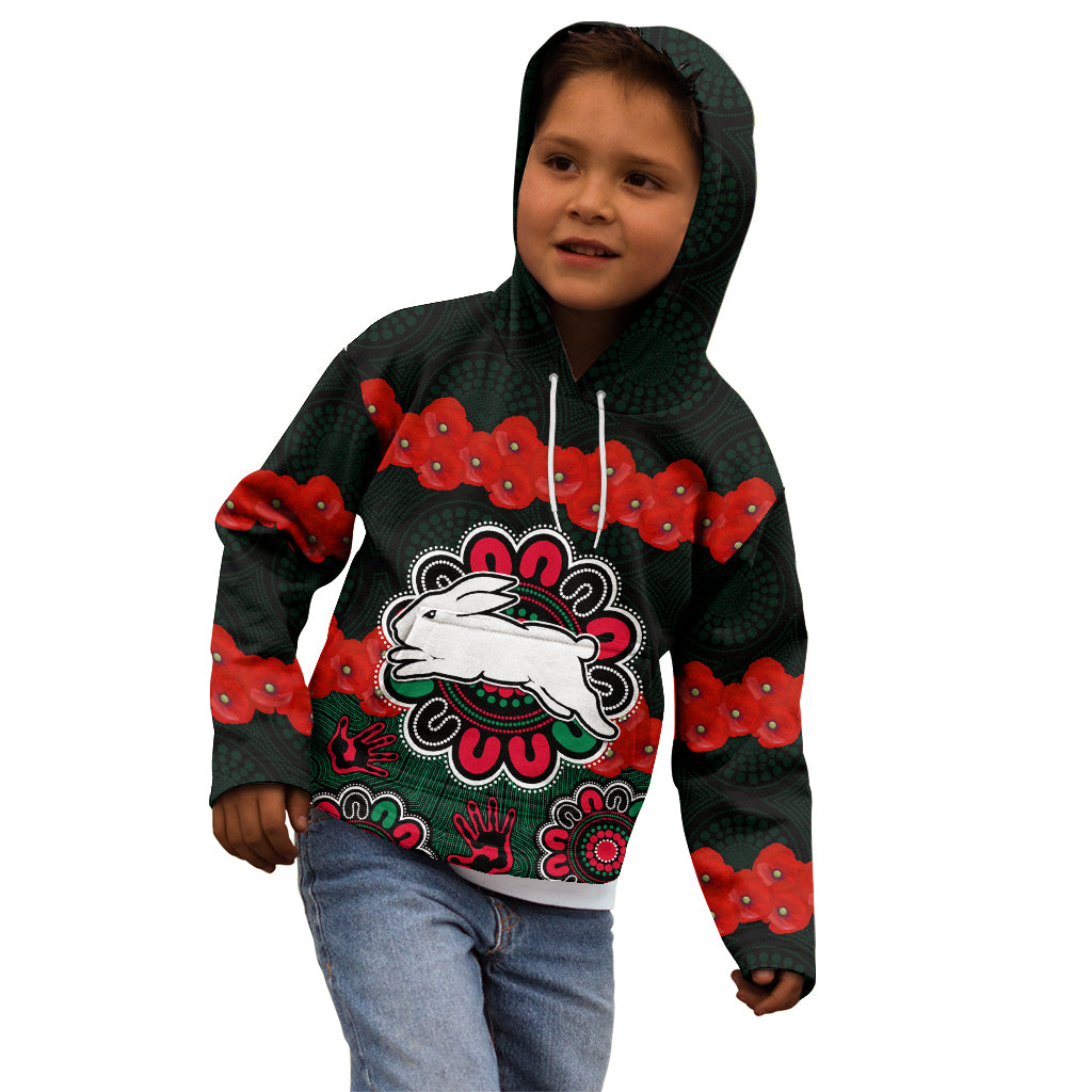 anzac-2023-nrl-rabbitohs-rugby-kid-hoodie-the-bunnies-1908-poppy-flowers-mixed-aboriginal