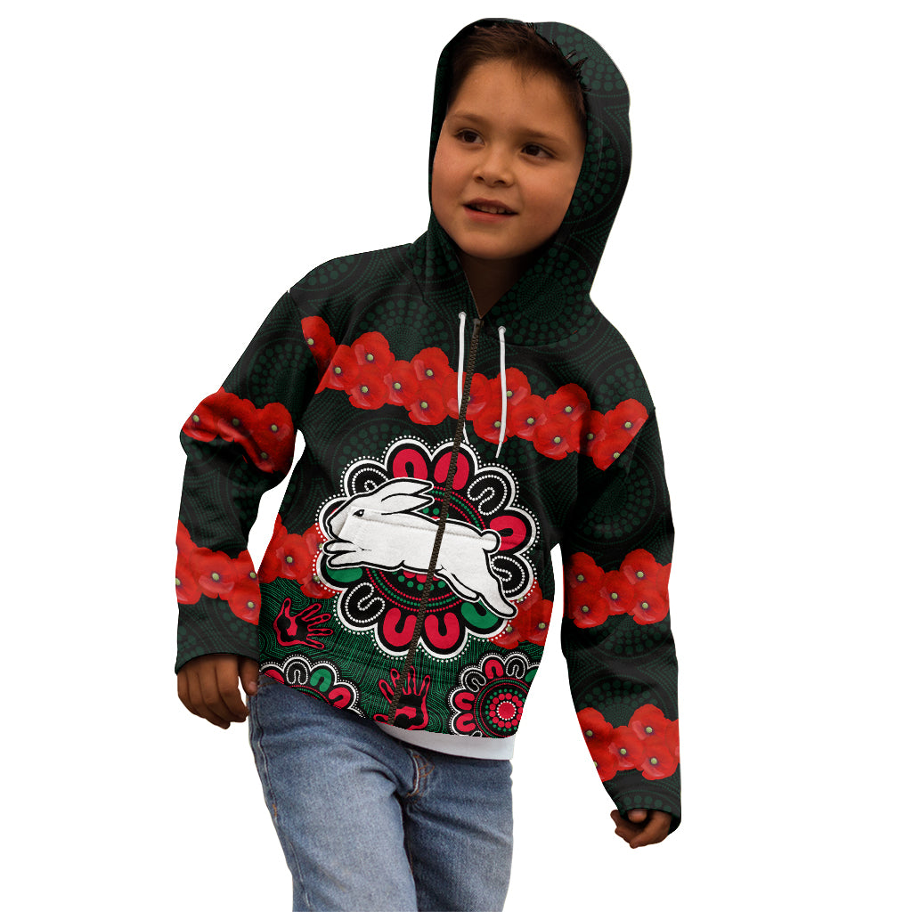 anzac-2023-nrl-rabbitohs-rugby-kid-hoodie-the-bunnies-1908-poppy-flowers-mixed-aboriginal