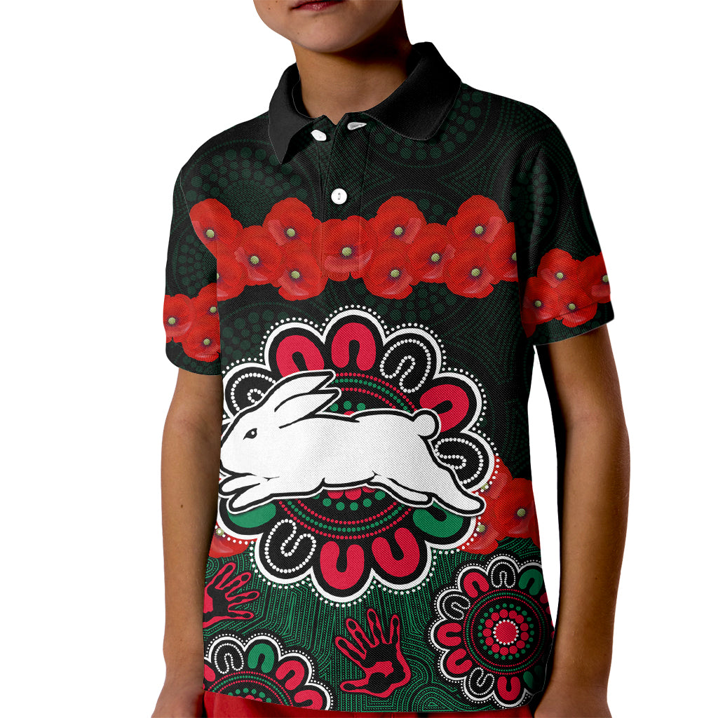 anzac-2023-nrl-rabbitohs-rugby-kid-polo-shirt-the-bunnies-1908-poppy-flowers-mixed-aboriginal