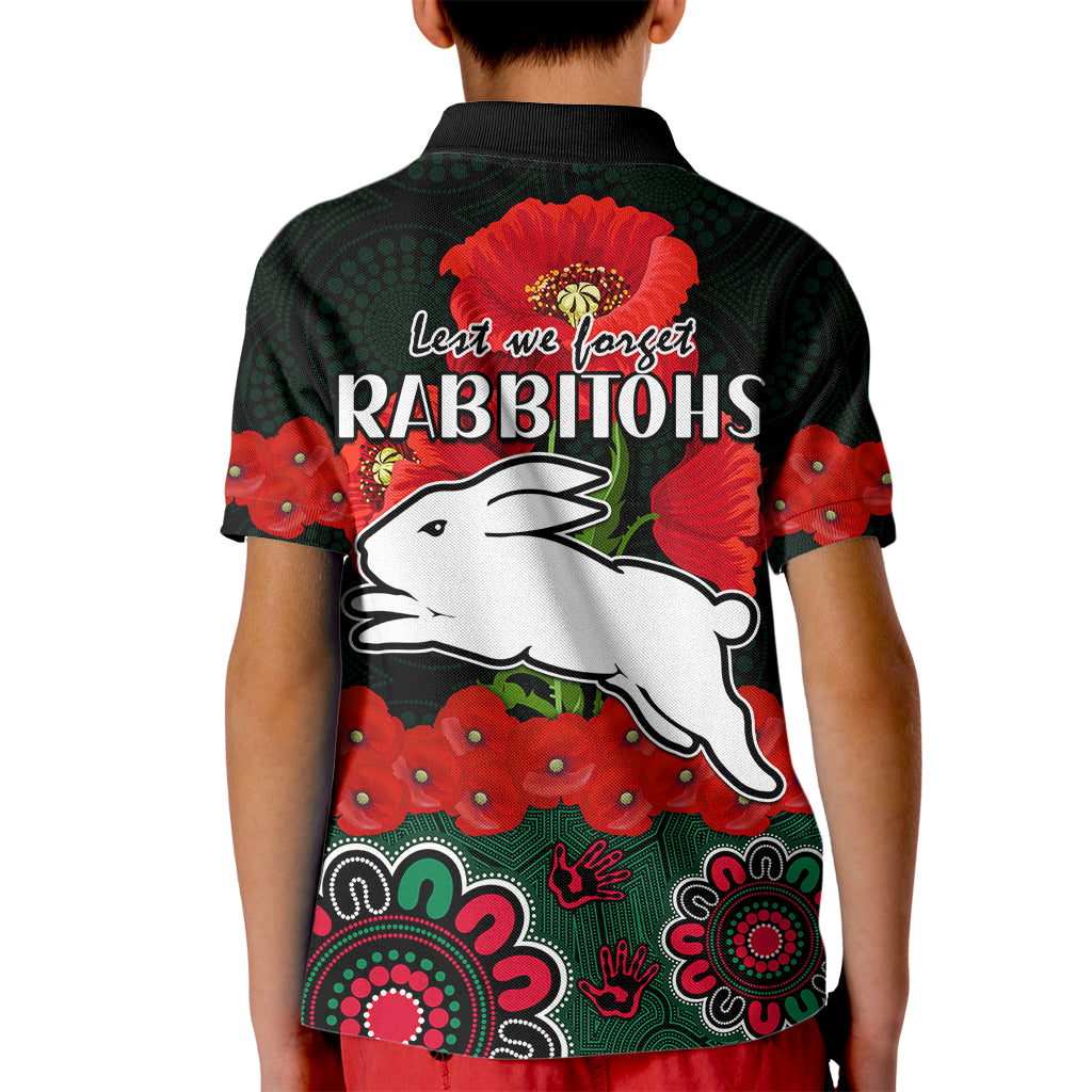 anzac-2023-nrl-rabbitohs-rugby-kid-polo-shirt-the-bunnies-1908-poppy-flowers-mixed-aboriginal