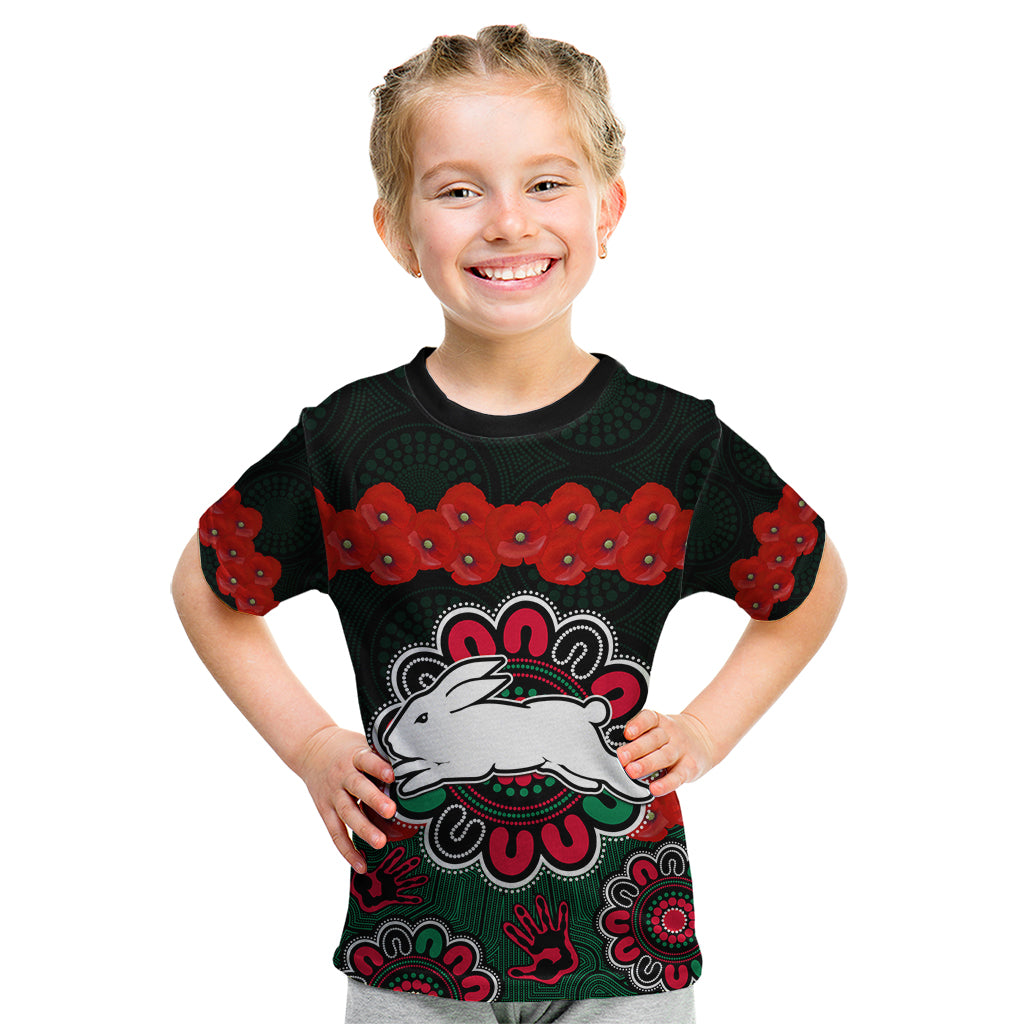 anzac-2023-nrl-rabbitohs-rugby-kid-t-shirt-the-bunnies-1908-poppy-flowers-mixed-aboriginal