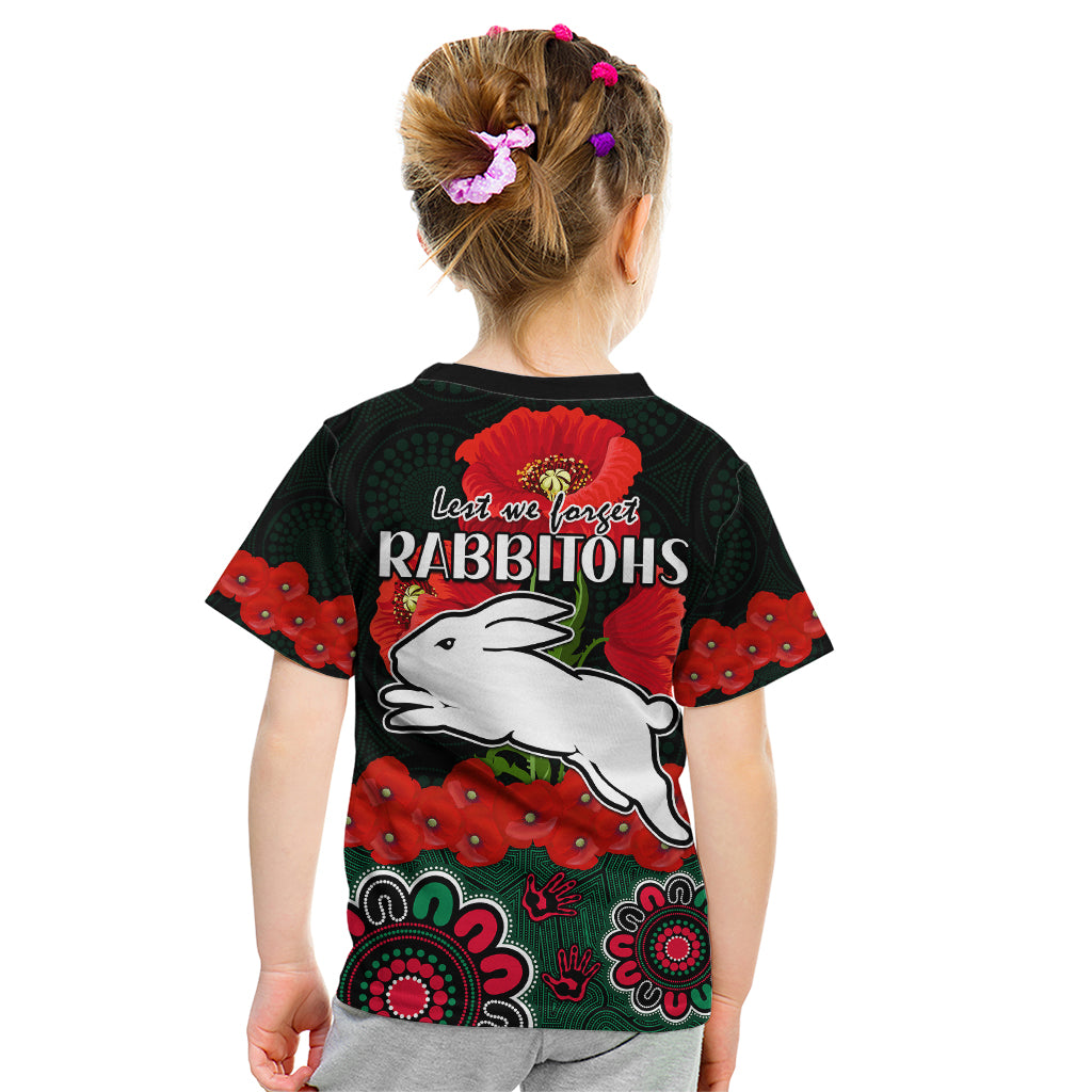 anzac-2023-nrl-rabbitohs-rugby-kid-t-shirt-the-bunnies-1908-poppy-flowers-mixed-aboriginal