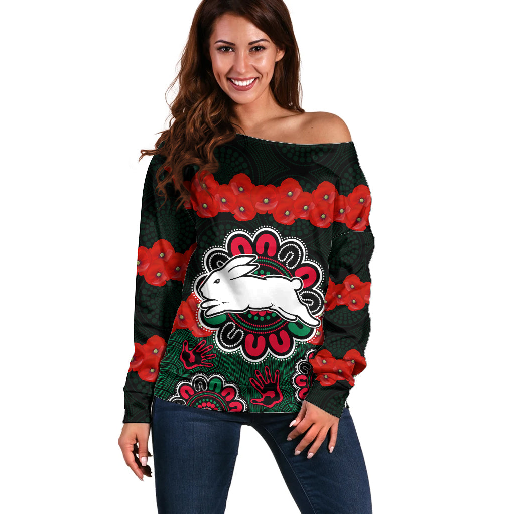 anzac-2023-nrl-rabbitohs-rugby-off-shoulder-sweater-the-bunnies-1908-poppy-flowers-mixed-aboriginal