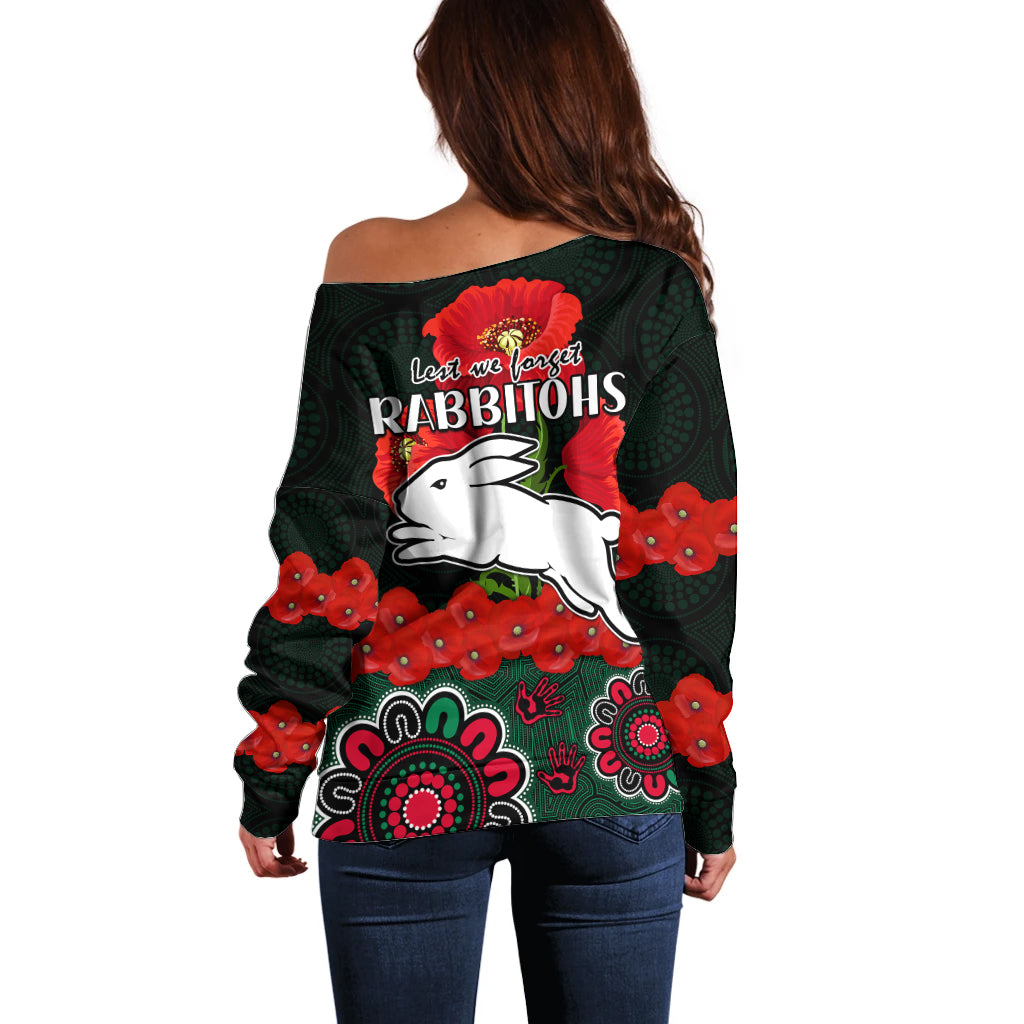 anzac-2023-nrl-rabbitohs-rugby-off-shoulder-sweater-the-bunnies-1908-poppy-flowers-mixed-aboriginal