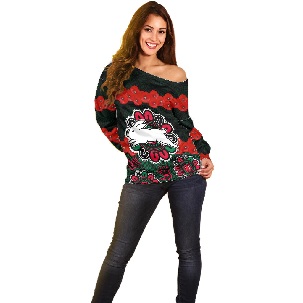 anzac-2023-nrl-rabbitohs-rugby-off-shoulder-sweater-the-bunnies-1908-poppy-flowers-mixed-aboriginal