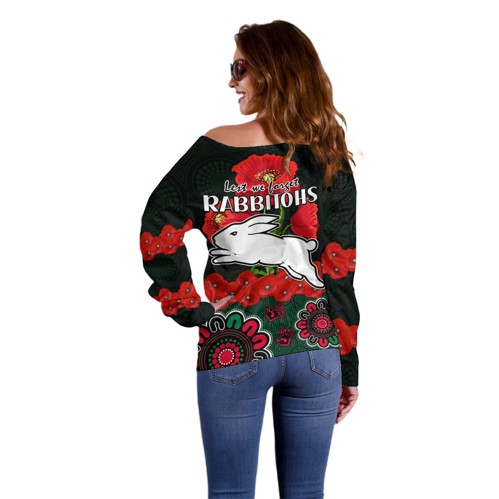 anzac-2023-nrl-rabbitohs-rugby-off-shoulder-sweater-the-bunnies-1908-poppy-flowers-mixed-aboriginal