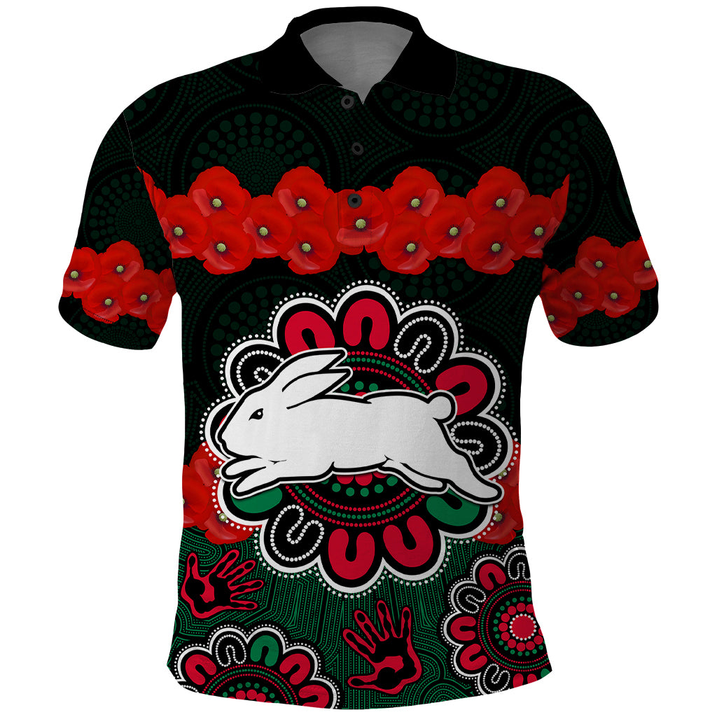 anzac-2023-nrl-rabbitohs-rugby-polo-shirt-the-bunnies-1908-poppy-flowers-mixed-aboriginal