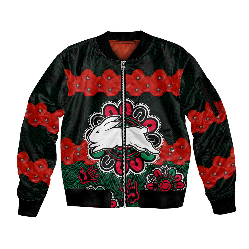 anzac-2023-nrl-rabbitohs-rugby-sleeve-zip-bomber-jacket-the-bunnies-1908-poppy-flowers-mixed-aboriginal