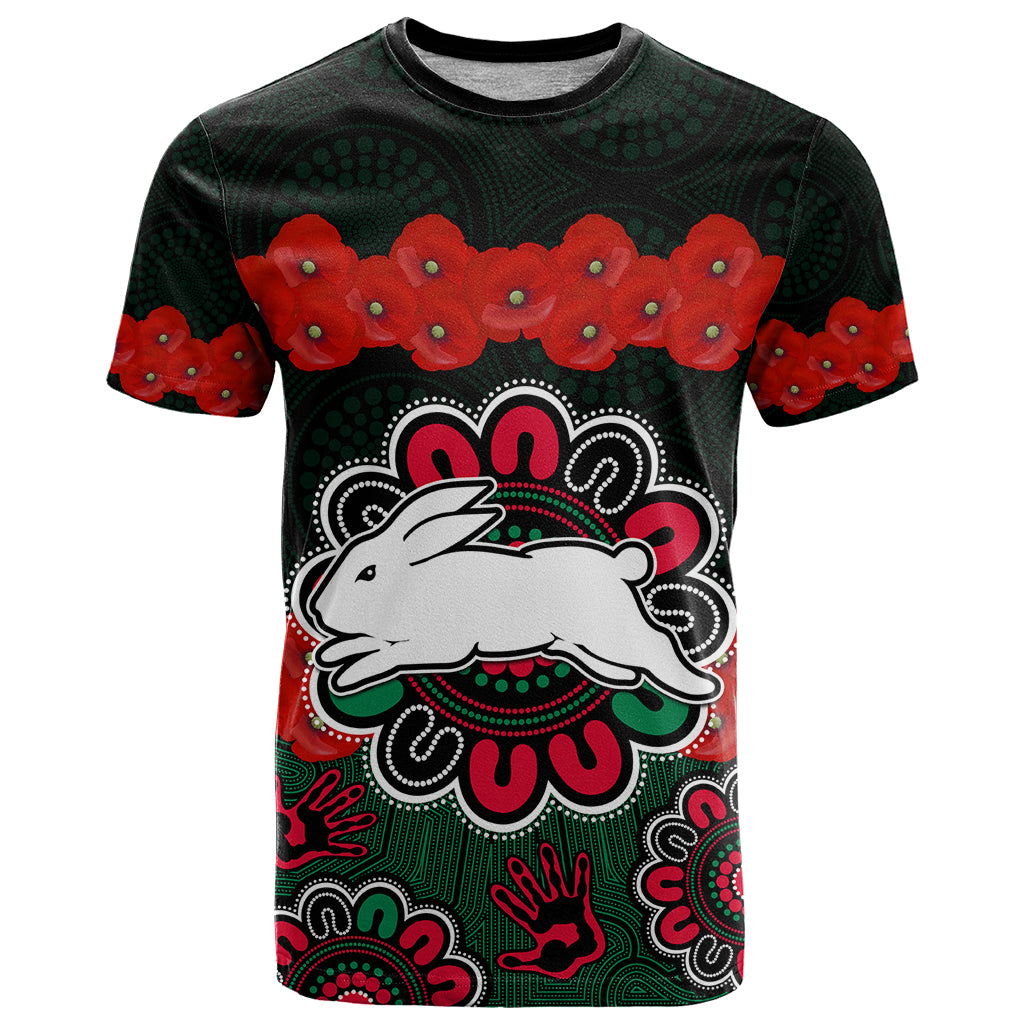 anzac-2023-nrl-rabbitohs-rugby-t-shirt-the-bunnies-1908-poppy-flowers-mixed-aboriginal