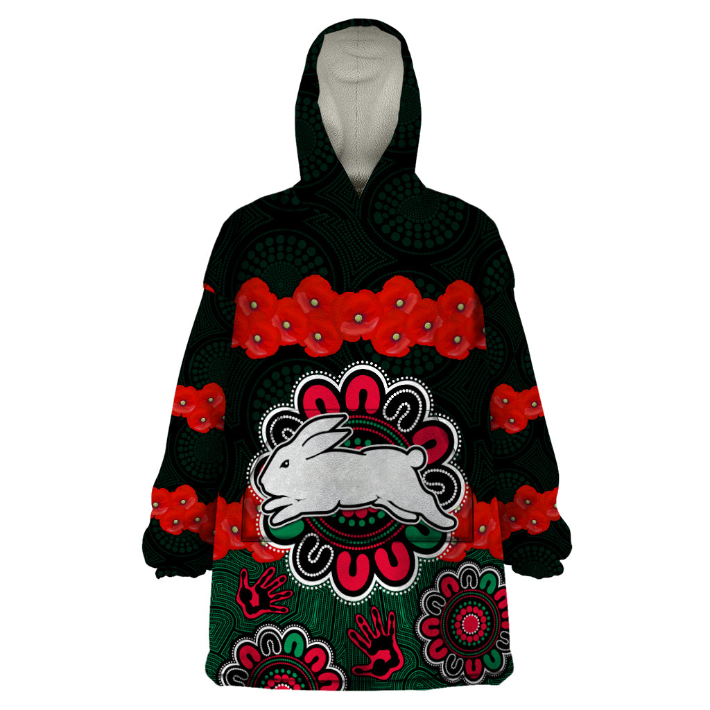 anzac-2023-nrl-rabbitohs-rugby-wearable-blanket-hoodie-the-bunnies-1908-poppy-flowers-mixed-aboriginal