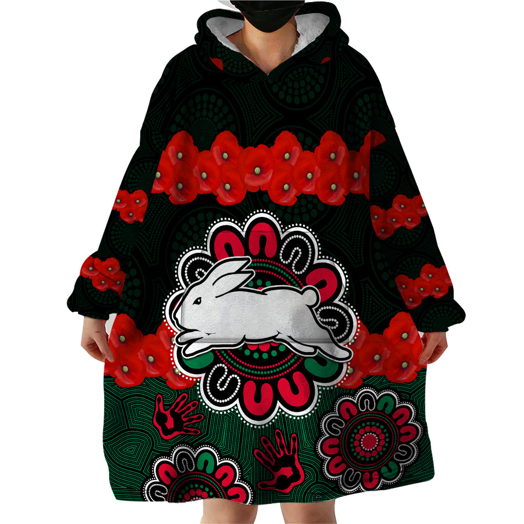 anzac-2023-nrl-rabbitohs-rugby-wearable-blanket-hoodie-the-bunnies-1908-poppy-flowers-mixed-aboriginal