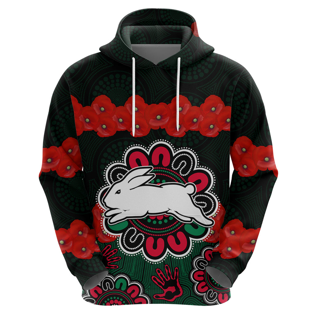 custom-text-and-number-anzac-2023-nrl-rabbitohs-rugby-hoodie-the-bunnies-1908-poppy-flowers-mixed-aboriginal