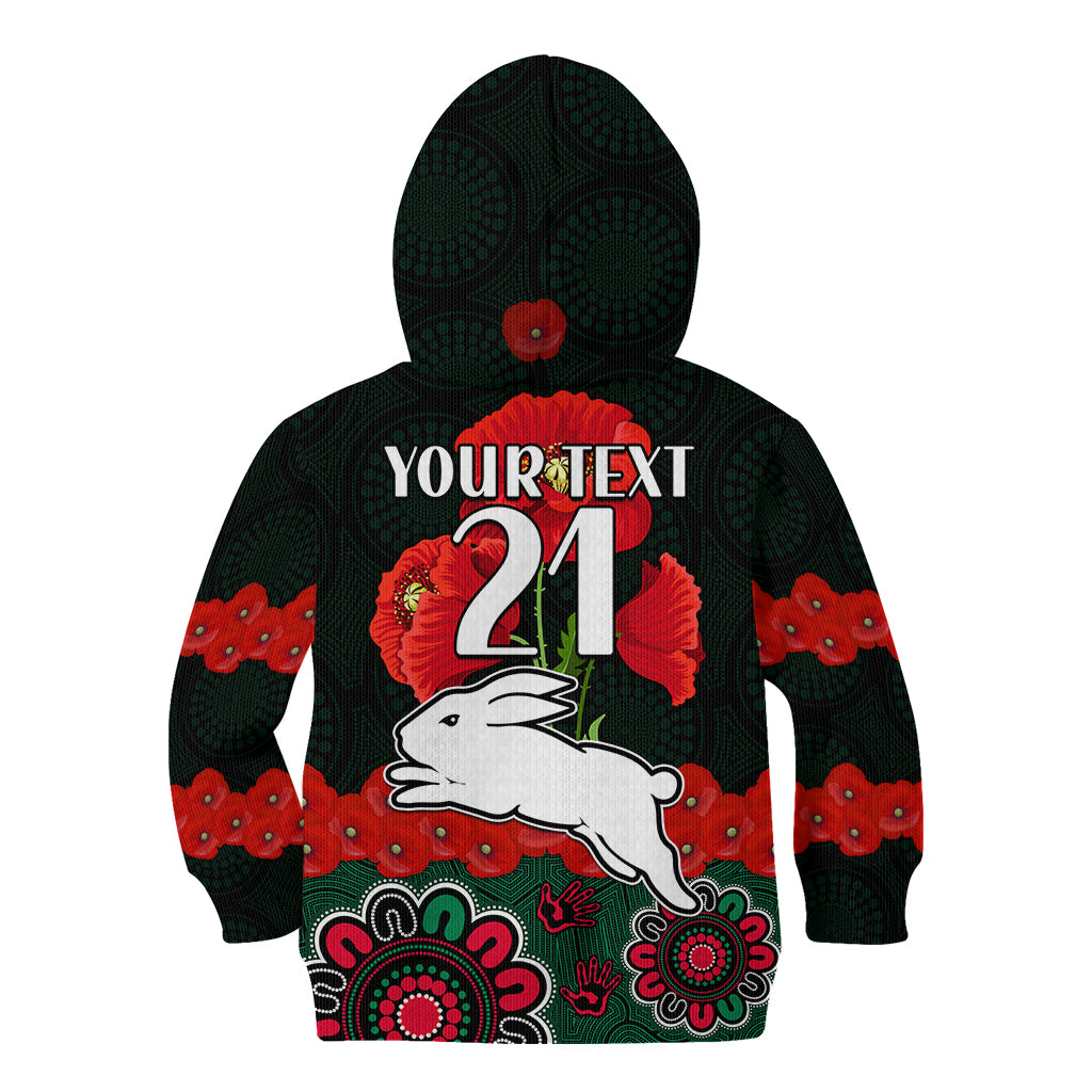 custom-text-and-number-anzac-2023-nrl-rabbitohs-rugby-kid-hoodie-the-bunnies-1908-poppy-flowers-mixed-aboriginal