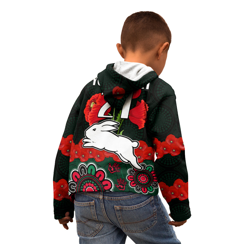 custom-text-and-number-anzac-2023-nrl-rabbitohs-rugby-kid-hoodie-the-bunnies-1908-poppy-flowers-mixed-aboriginal