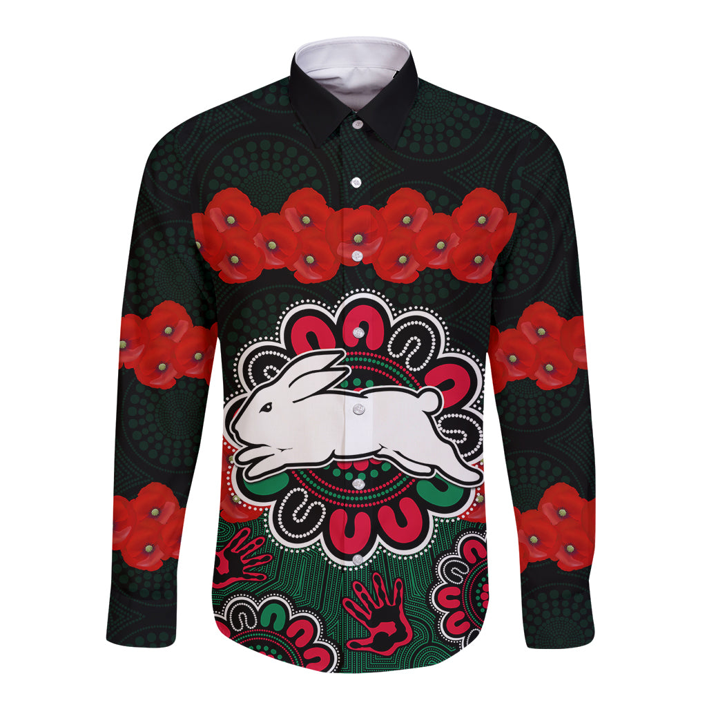 custom-text-and-number-anzac-2023-nrl-rabbitohs-rugby-long-sleeve-button-shirt-the-bunnies-1908-poppy-flowers-mixed-aboriginal