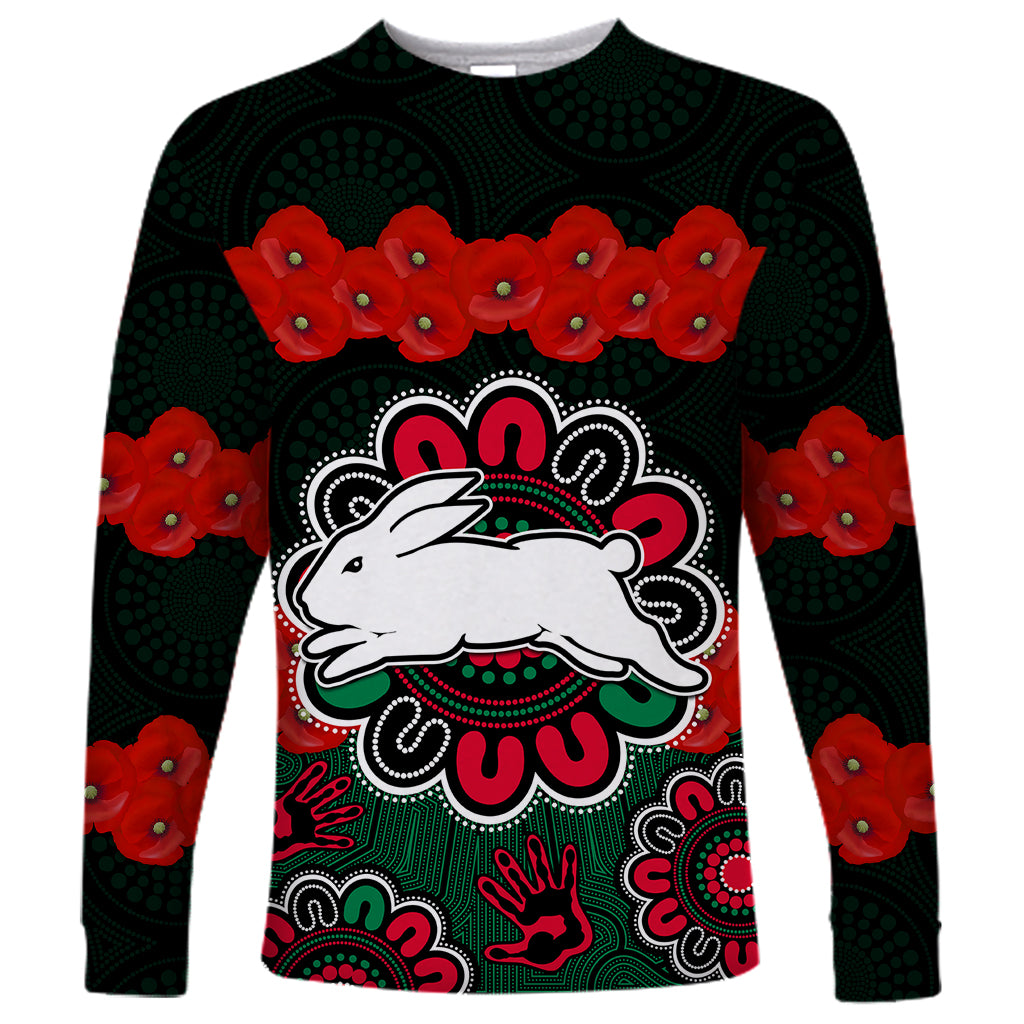 custom-text-and-number-anzac-2023-nrl-rabbitohs-rugby-long-sleeve-shirt-the-bunnies-1908-poppy-flowers-mixed-aboriginal