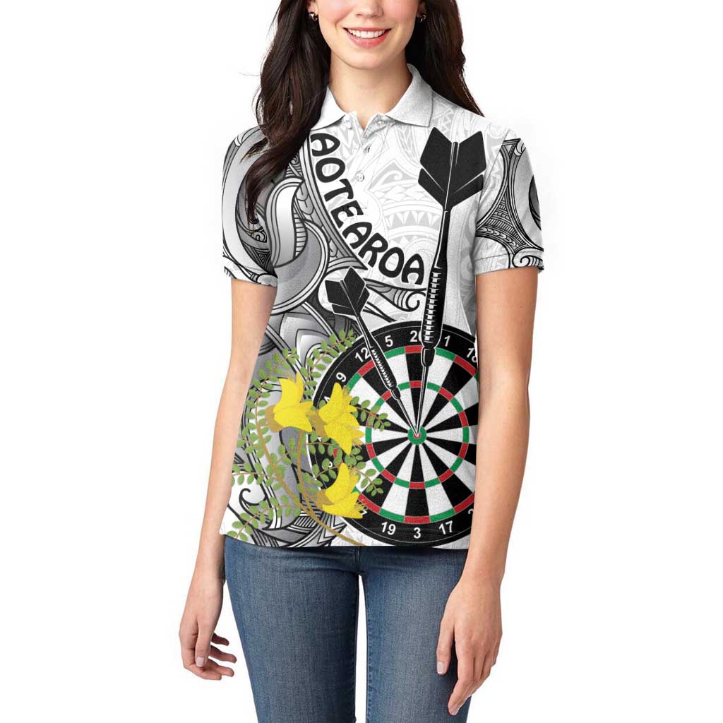 Personalised New Zealand Darts Women Polo Shirt Kowhai Floral with Maori Tattoo