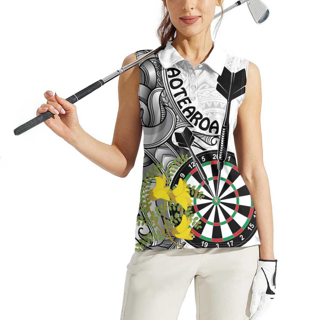 Personalised New Zealand Darts Women Sleeveless Polo Shirt Kowhai Floral with Maori Tattoo