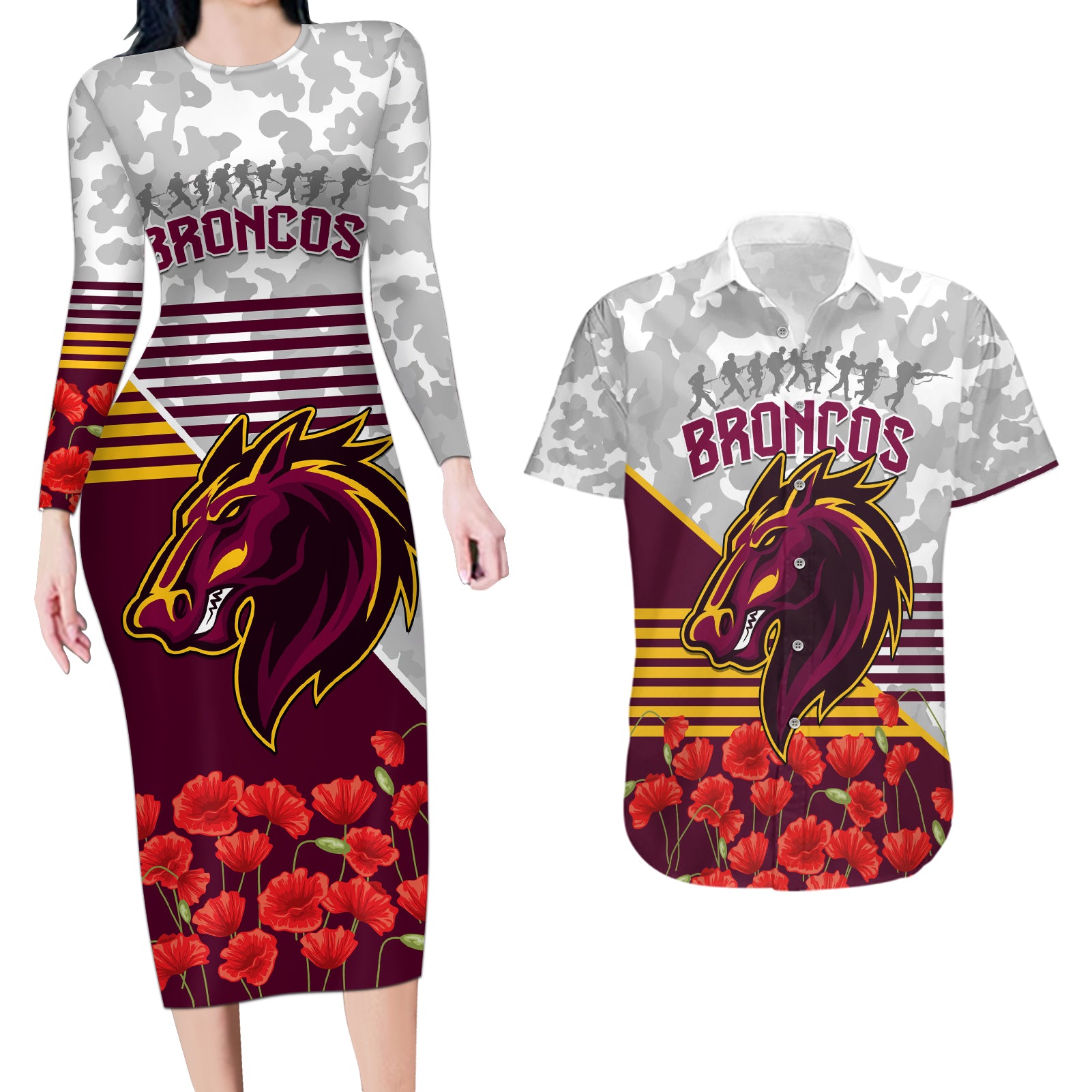 Broncos Rugby ANZAC Day 2024 Couples Matching Long Sleeve Bodycon Dress and Hawaiian Shirt Camouflage Style