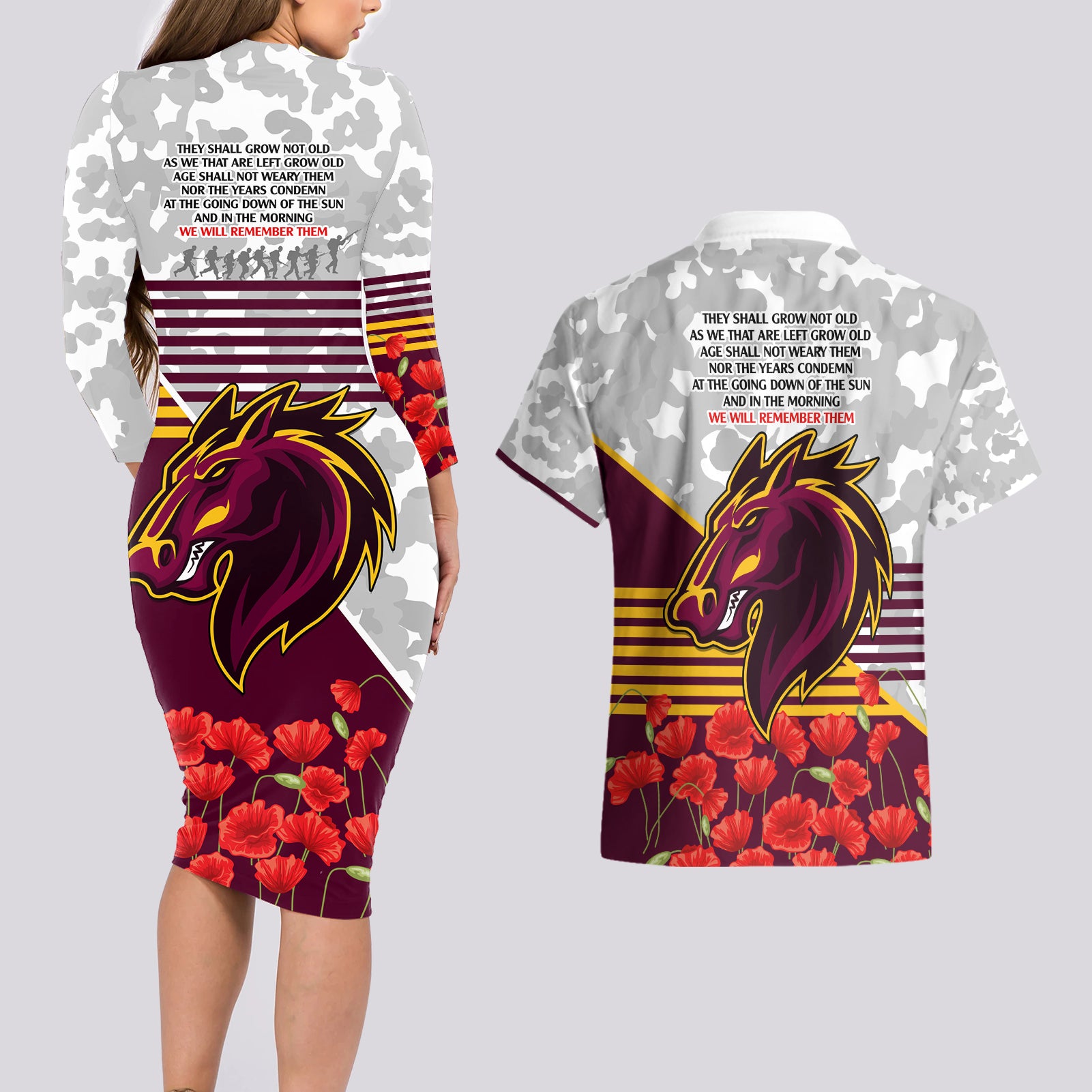 Broncos Rugby ANZAC Day 2024 Couples Matching Long Sleeve Bodycon Dress and Hawaiian Shirt Camouflage Style