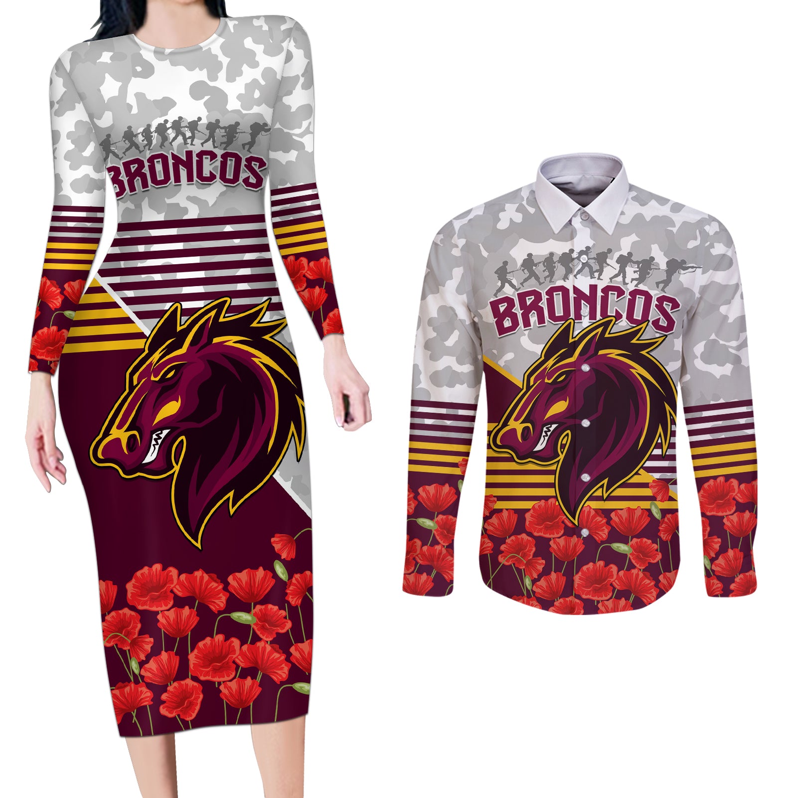 Broncos Rugby ANZAC Day 2024 Couples Matching Long Sleeve Bodycon Dress and Long Sleeve Button Shirt Camouflage Style