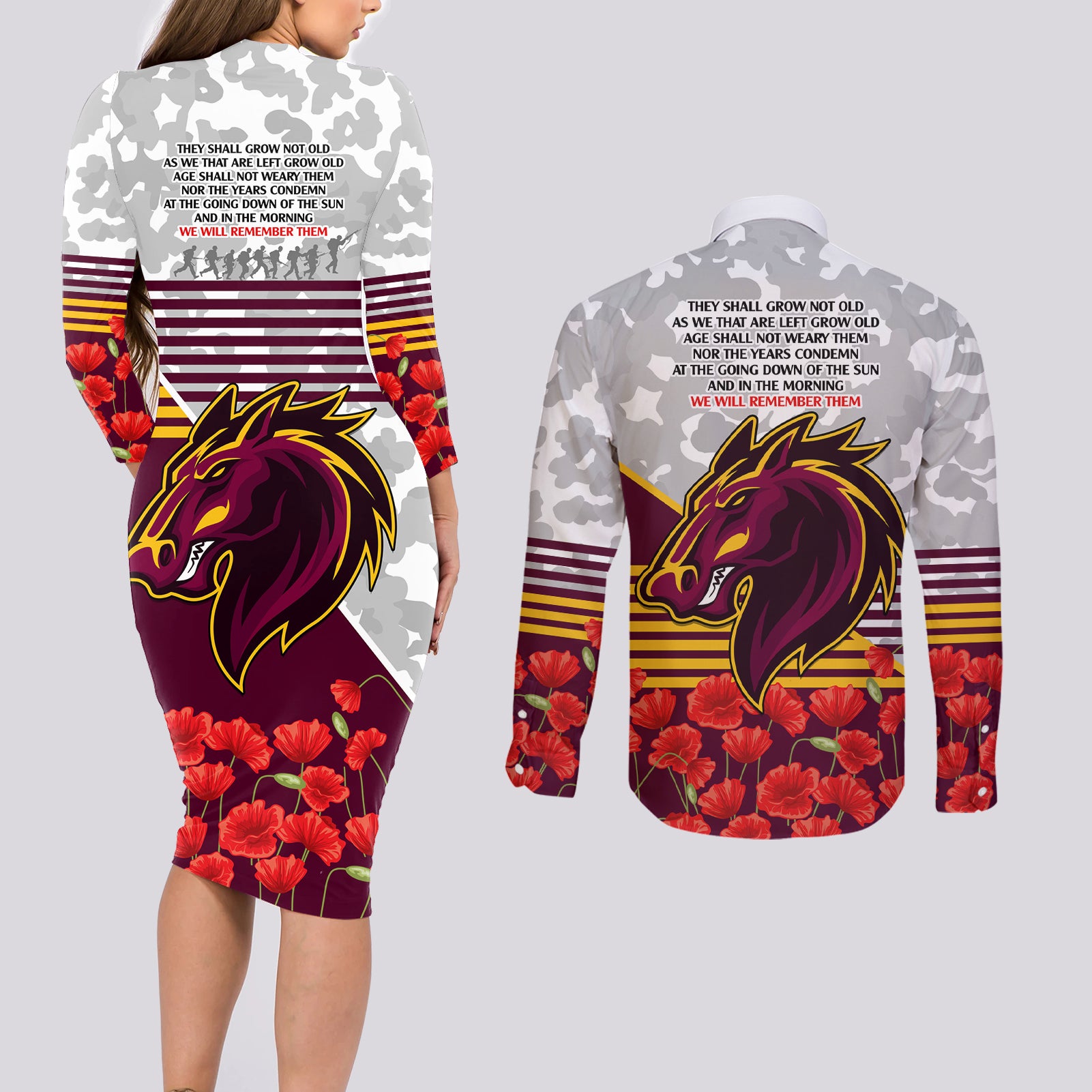 Broncos Rugby ANZAC Day 2024 Couples Matching Long Sleeve Bodycon Dress and Long Sleeve Button Shirt Camouflage Style