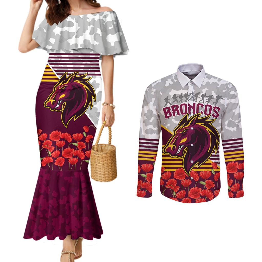 Broncos Rugby ANZAC Day 2024 Couples Matching Mermaid Dress and Long Sleeve Button Shirt Camouflage Style